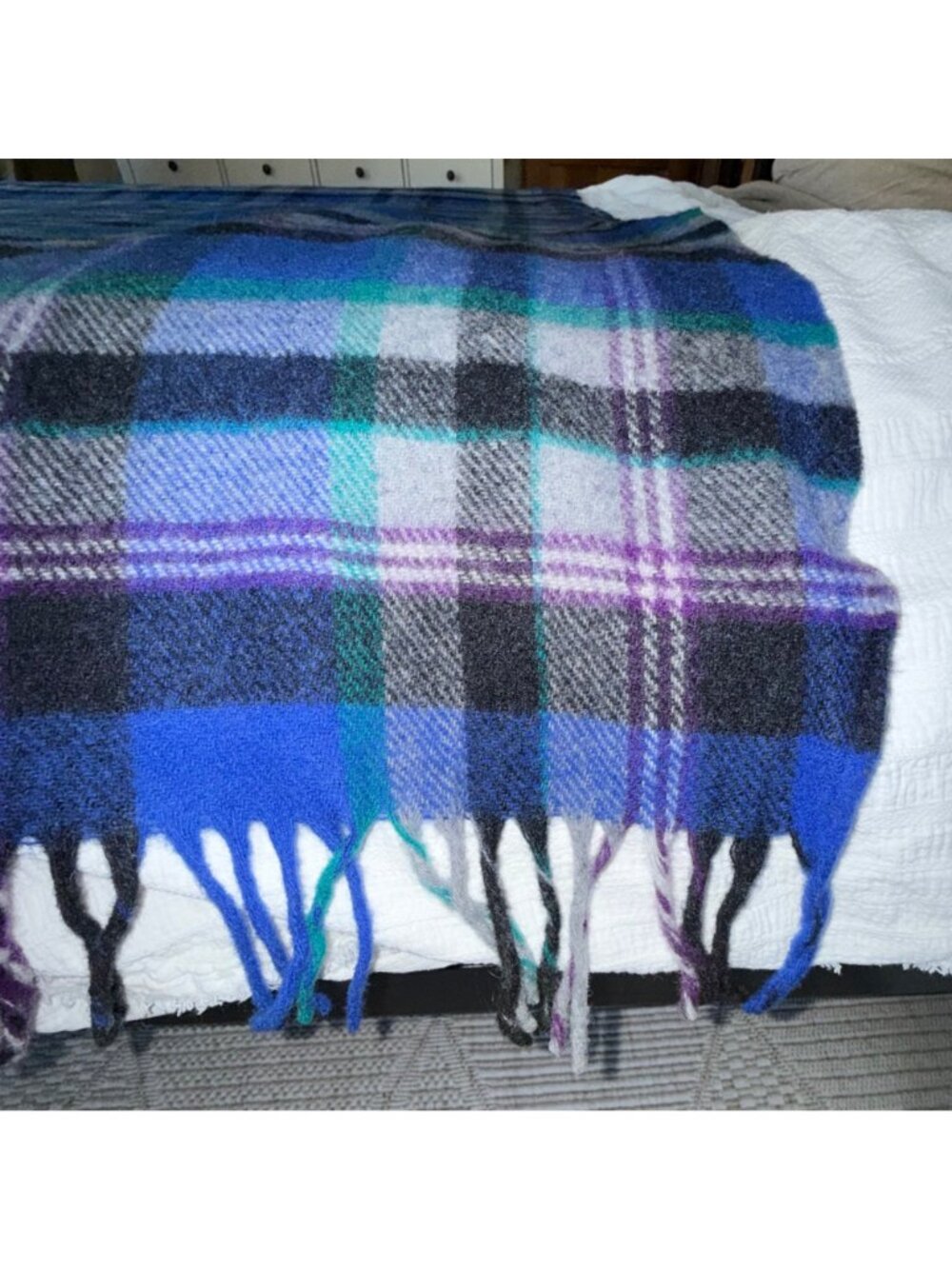 Vintage Pendleton Tartan Plaid Wool Blanket Throw 66"x52" Blue/Green/Purple Frin - Picture 2 of 5